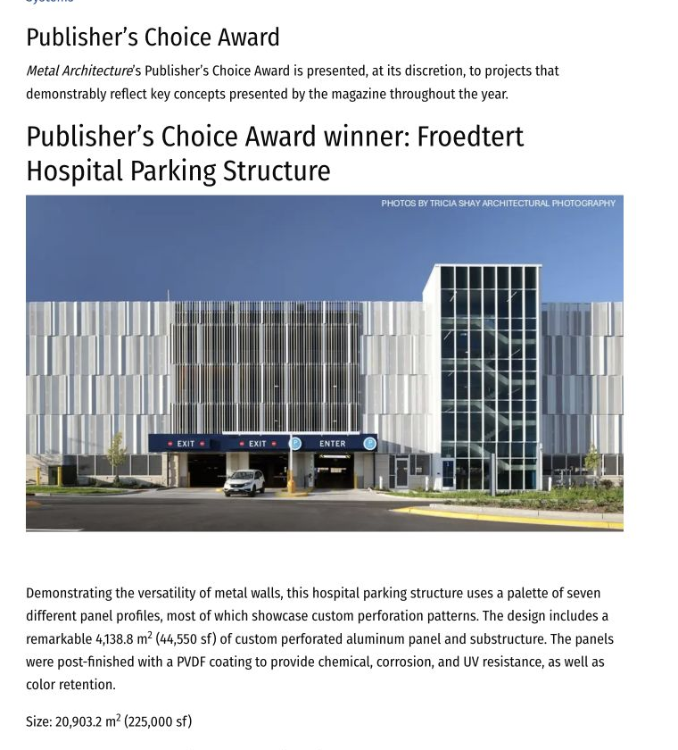 Metal Architecture Publisher’s Choice Award winner: Froedtert Hospital Parking Structure